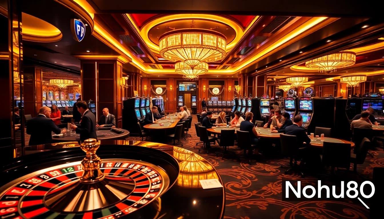 Nohu90 players enjoying thrilling casino games at vibrant tables and slot machines.