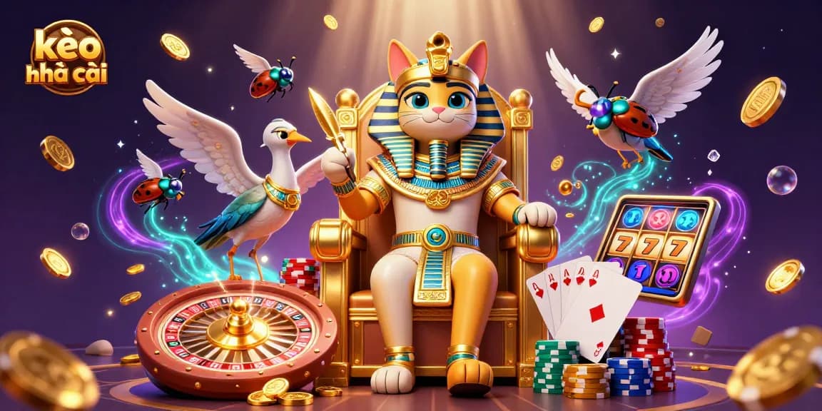 Bet on kèo nhà cái with lively 3D scenes featuring a pharaoh cat, coins, and dynamic casino elements.