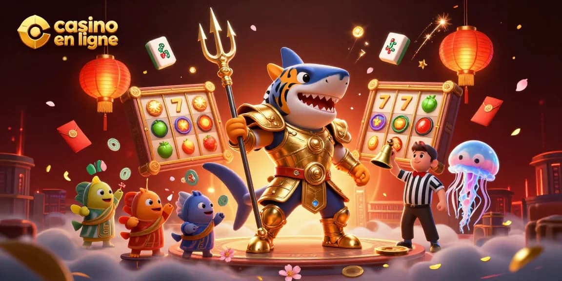 Illustration dynamique mettant en avant un casino en ligne vibrant avec un requin tigre et des symboles de machines à sous.