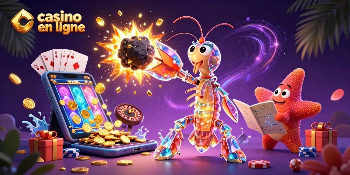 Visualisez le casino en ligne avec un samouraï et des éléments de jeux animés et colorés.