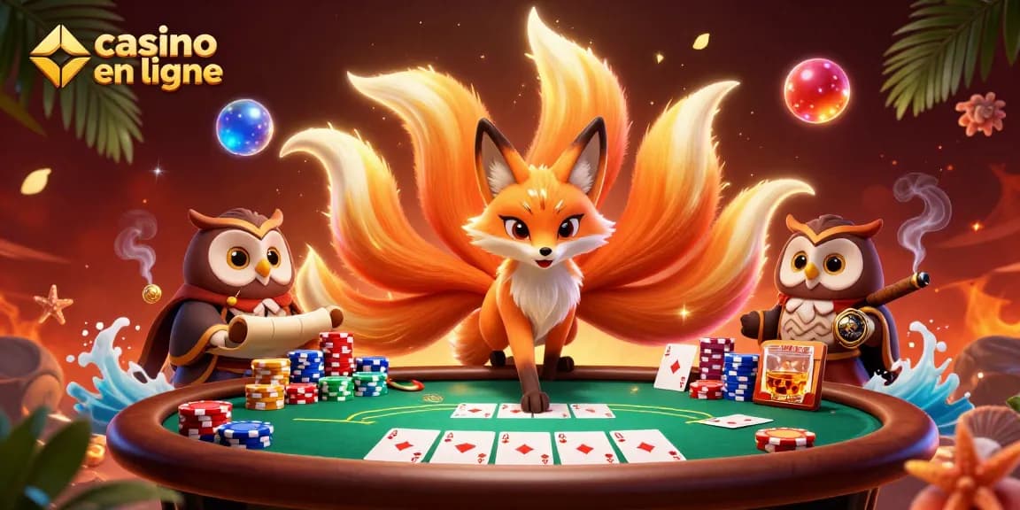Plongez dans l'univers du casino en ligne avec cette illustration dynamique d'un renard à neuf queues et d'un hibou sage entourés de jetons de poker.