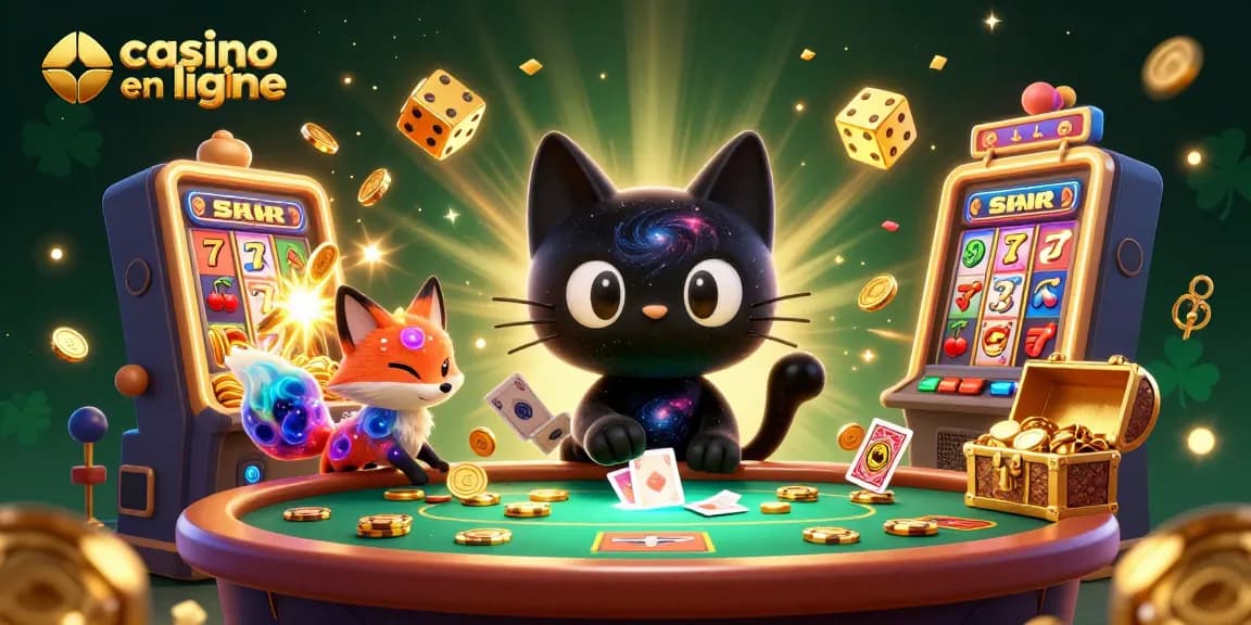 Les personnages attrapent des jetons en or au casino en ligne, entourés de machines à sous et de feux d'artifice.