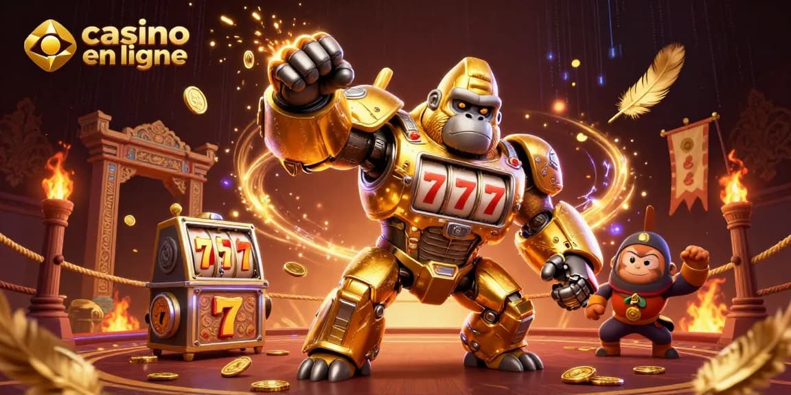 Illustration dynamique de jeu avec une machine à sous gorille mech et le texte casino en ligne, symboles de jackpot et d'adrénaline.