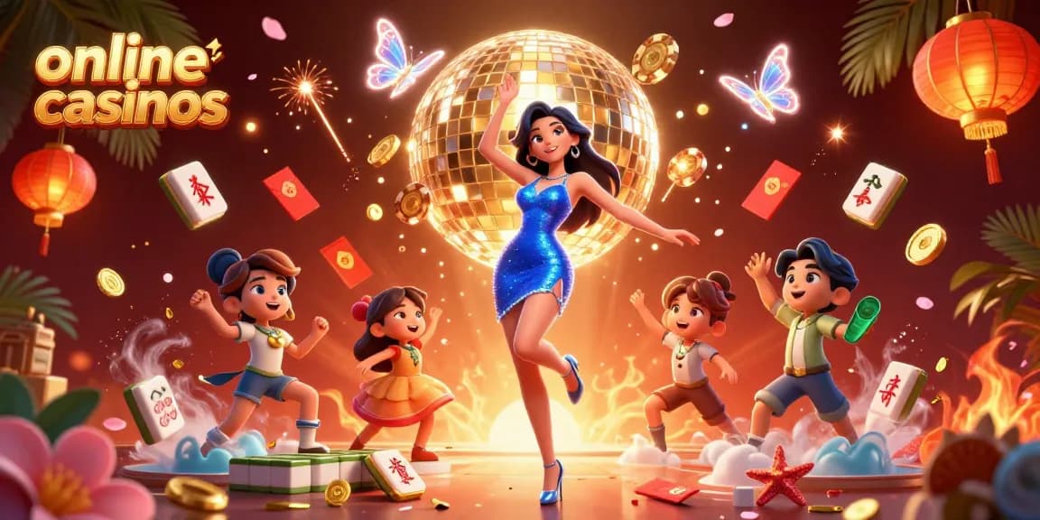 Experience lively online casinos with vibrant characters and dynamic elements in this 3D illustration.