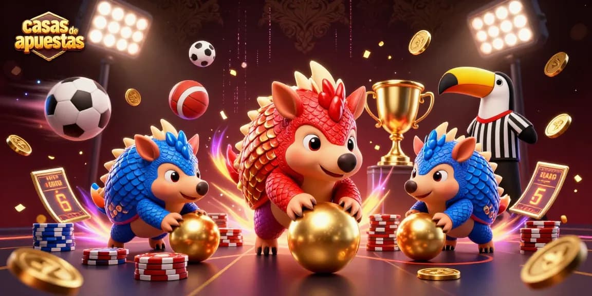 Animados pangolines en pelea en casas de apuestas, rodeados de elementos deportivos y confetti dorado