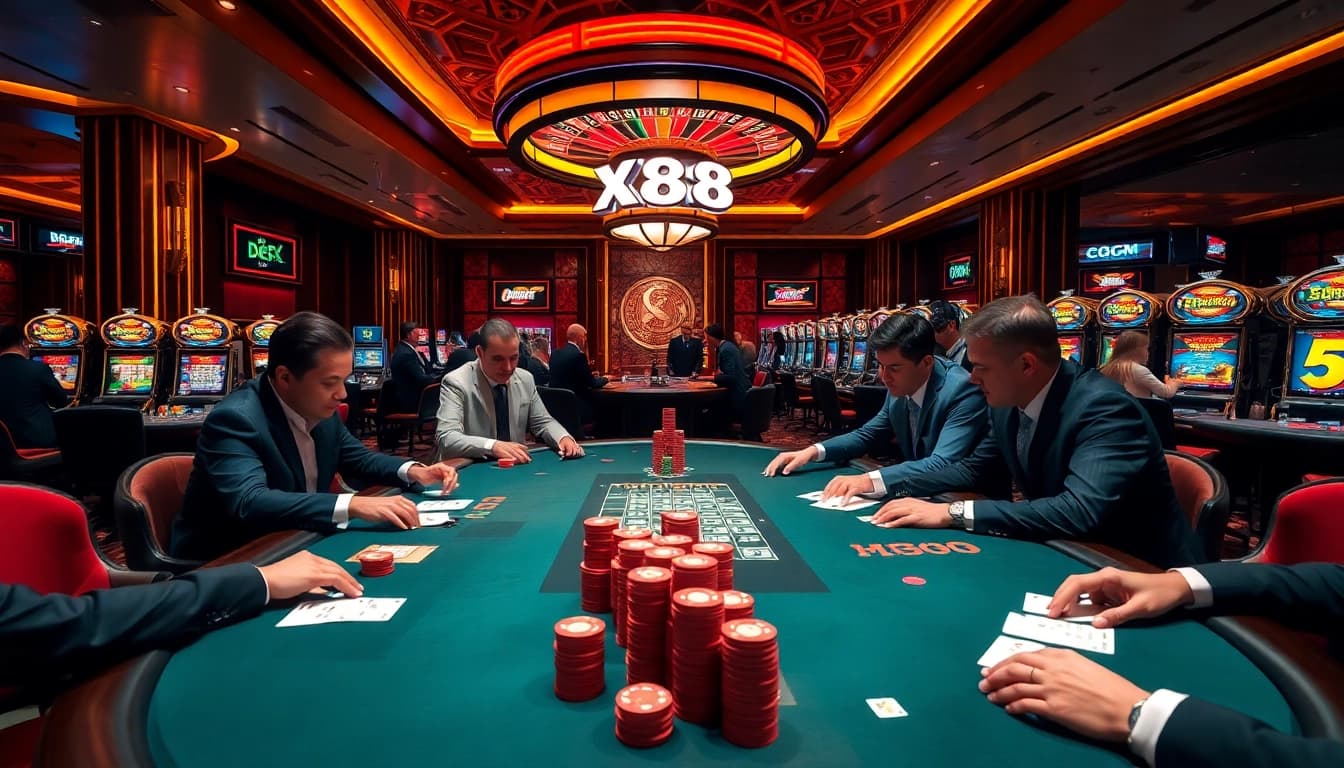 Experience the excitement of xx88 with players enjoying high-stakes poker in a luxurious casino atmosphere.