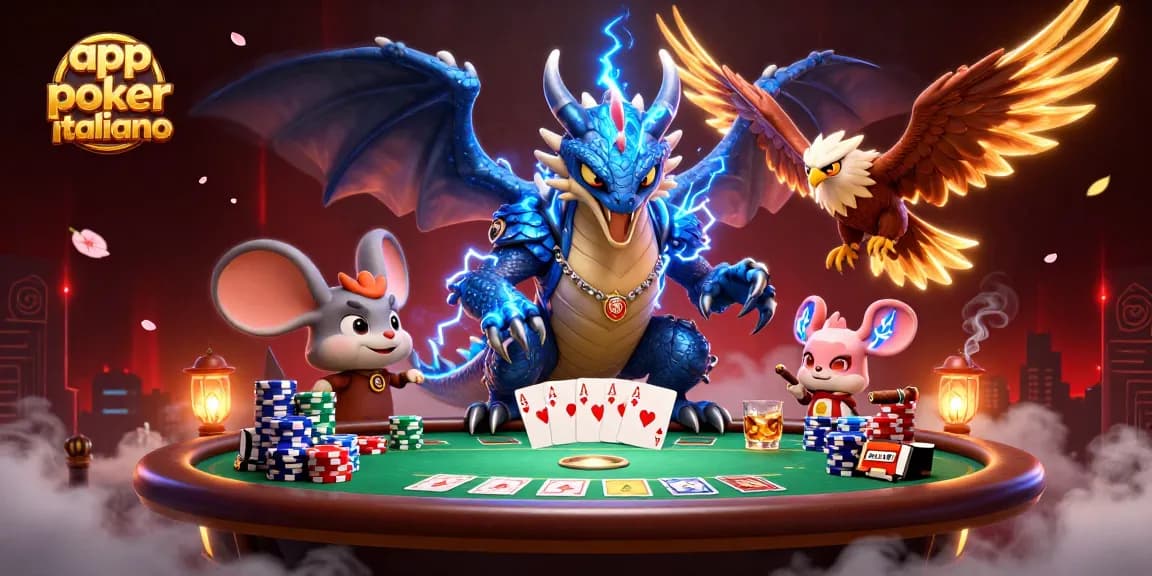Gioca all'app poker italiano, con tavoli verdi e stack di chip flamboyant in un'illustrazione vibrante.