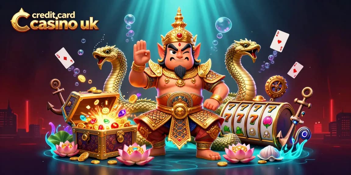 Engage in the colorful world of credit card casino UK with guardian characters celebrating dynamic gameplay.