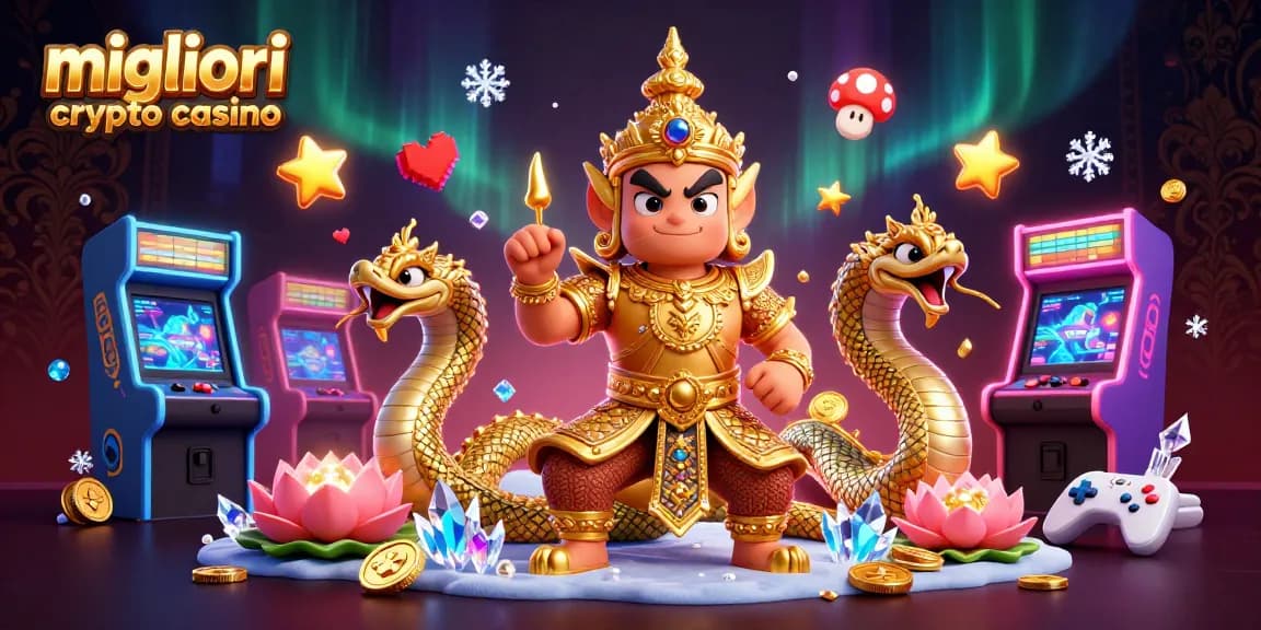 Scopri i migliori crypto casino con simboli di gioco mentre un guardiano e serpi ti accolgono.