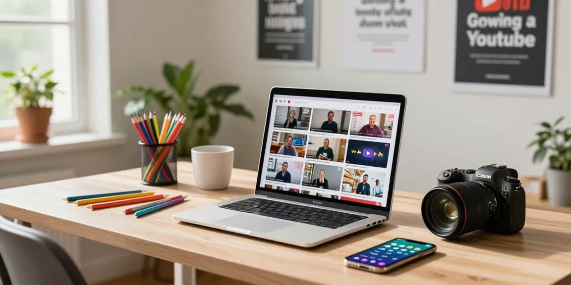Increase YouTube video likes with a vibrant content creation workspace showcasing video thumbnails and creative elements.