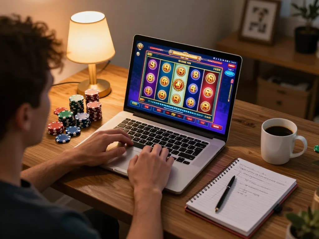3Win online gaming setup features player excitedly spinning slots for jackpot wins