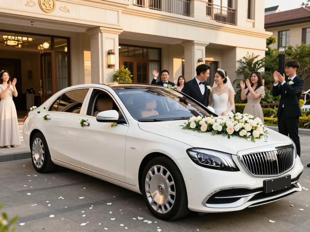 Thuê một chiếc xe cưới sang trọng, như Mercedes, để ghi lại những khoảnh khắc không thể quên.