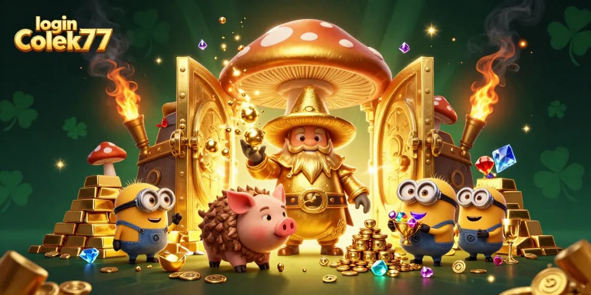 Spin to win at login colek77 with a golden mushroom wizard and treasure in this 3D illustration.