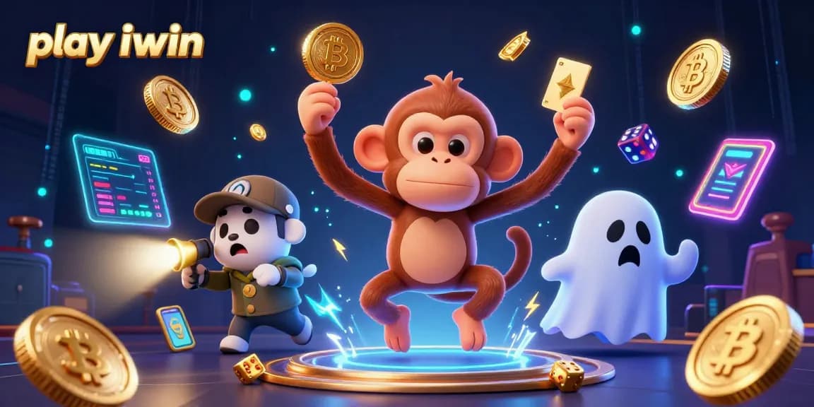 Play iwin in a vibrant casino scene with a ghost-hunting puppy tracking a mischievous monkey.