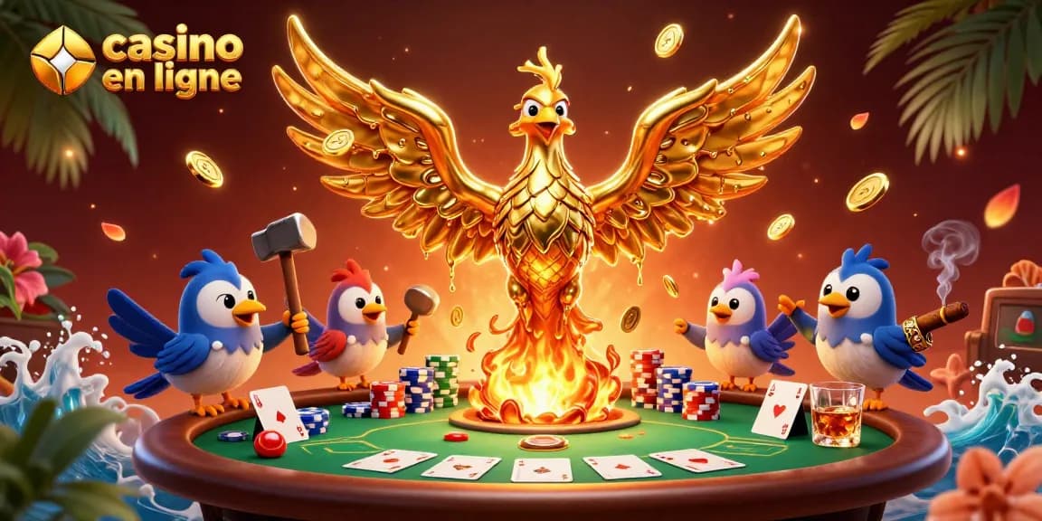 Visualisez un phoenix doré en fusion au casino en ligne, entouré de jetons et de cartes.