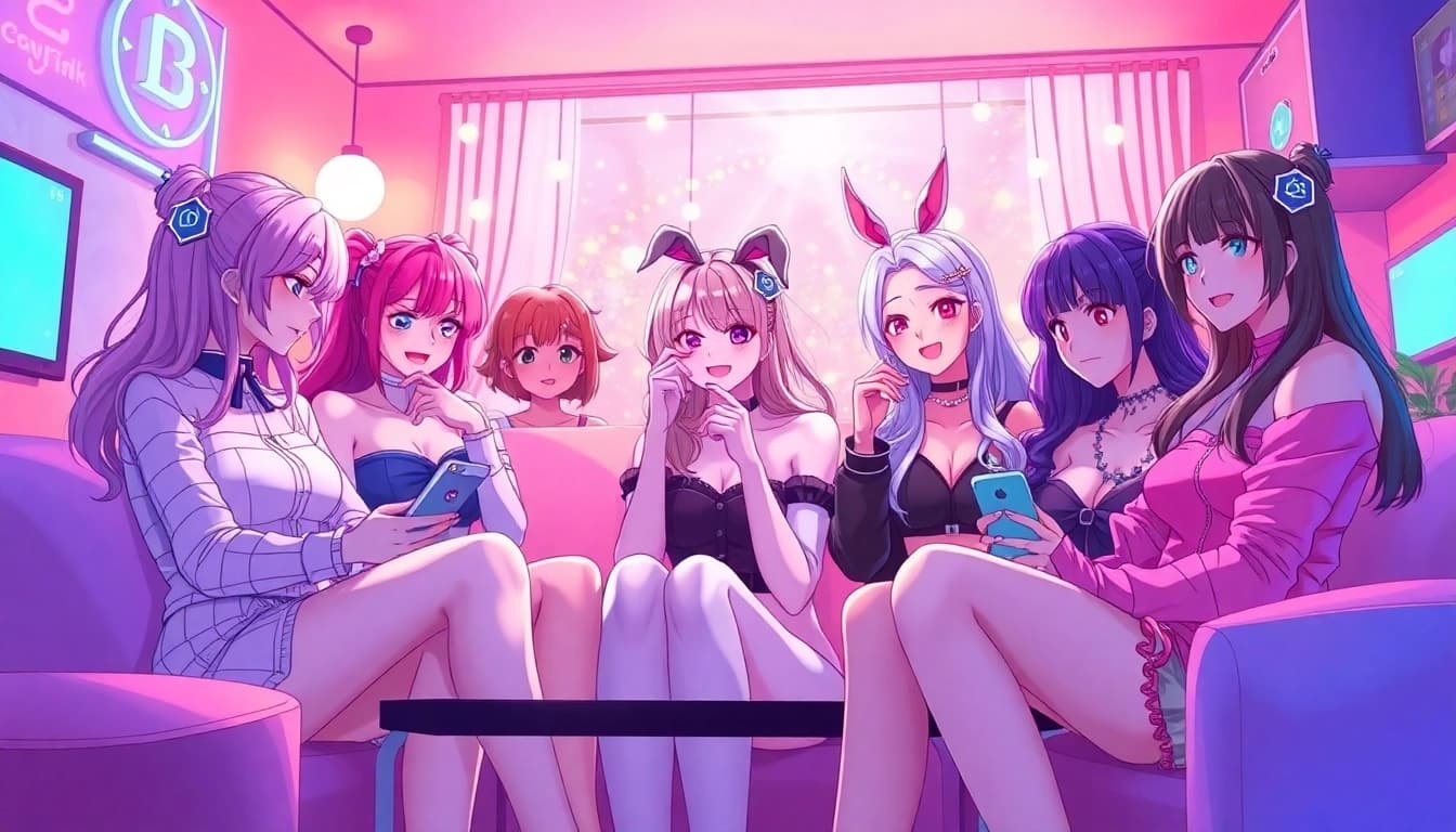 Dynamic scene of nsfw ai characters interacting in a vibrant virtual setting, showcasing diverse styles and playful interactions.