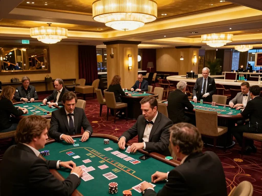 g28 players strategizing at a luxurious blackjack table in an upscale casino setting.