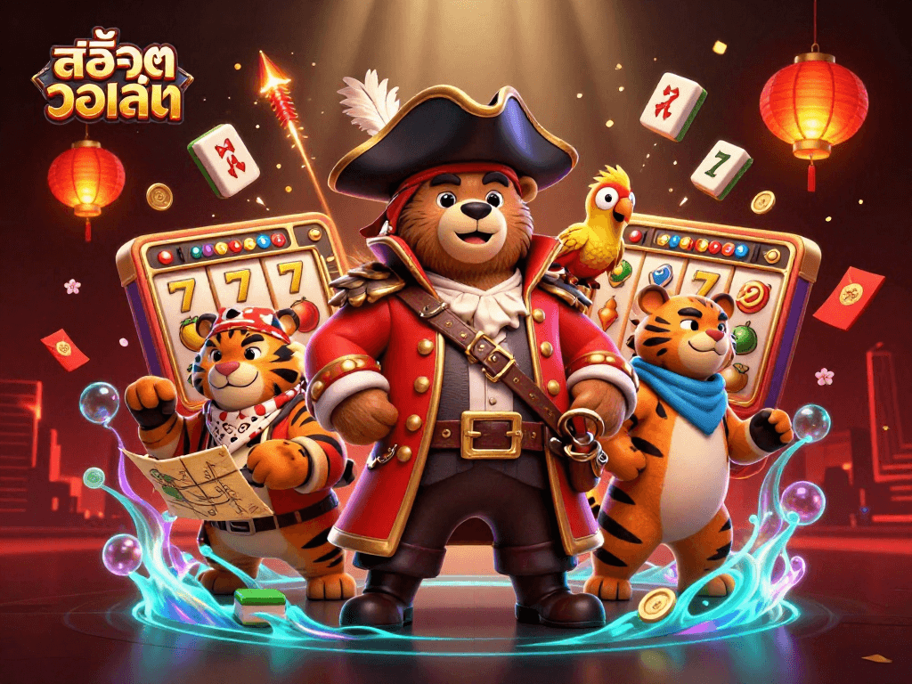 Engage in thrilling สล็อตวอเลท adventures with an energetic 3D casino scene featuring a pirate bear, tiger, and treasures.
