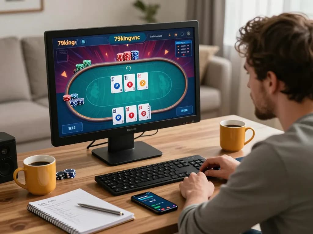 A player enjoying an online poker game at home using 79kingvnc, surrounded by strategic notes and a warm atmosphere.