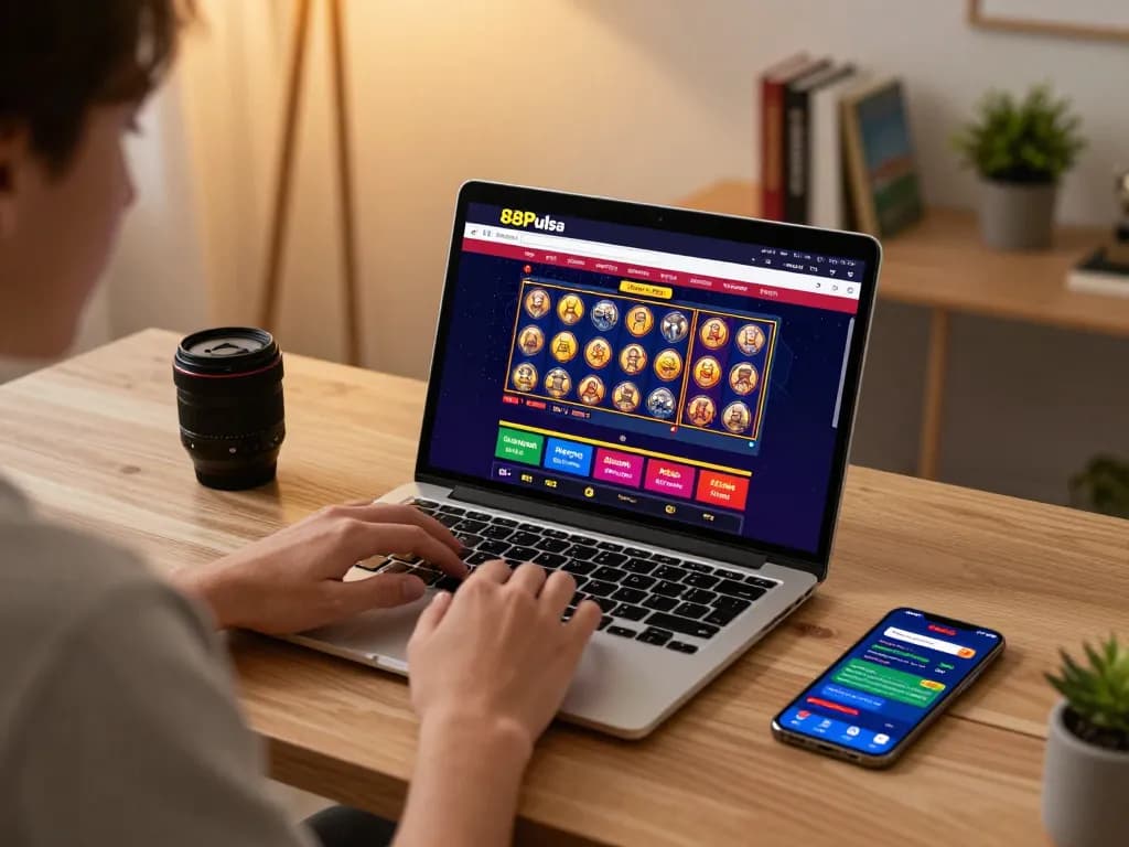 Gamer yang terlibat dengan kasino online 88Pulsa di laptop, menampilkan antarmuka yang cerah dan suasana rumah yang nyaman.