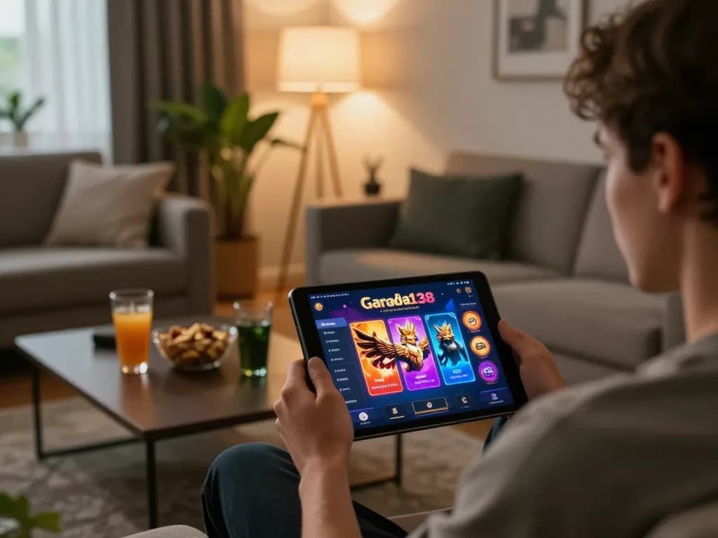 Player immersed in online gameplay with the king garuda138 app on a tablet, cozy living space setting.