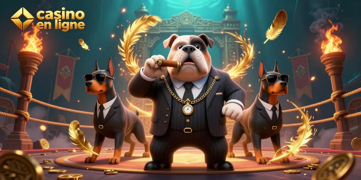 Profitez des meilleurs jeux de casino en ligne avec cette illustration captivante d'un bouledogue mafia et ses gardes du corps.