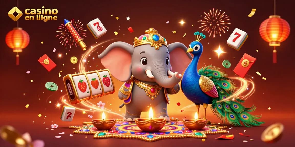 Profitez de l'expérience de jeu unique du casino en ligne avec un éléphant décoré au Diwali et des éléments de machines à sous.