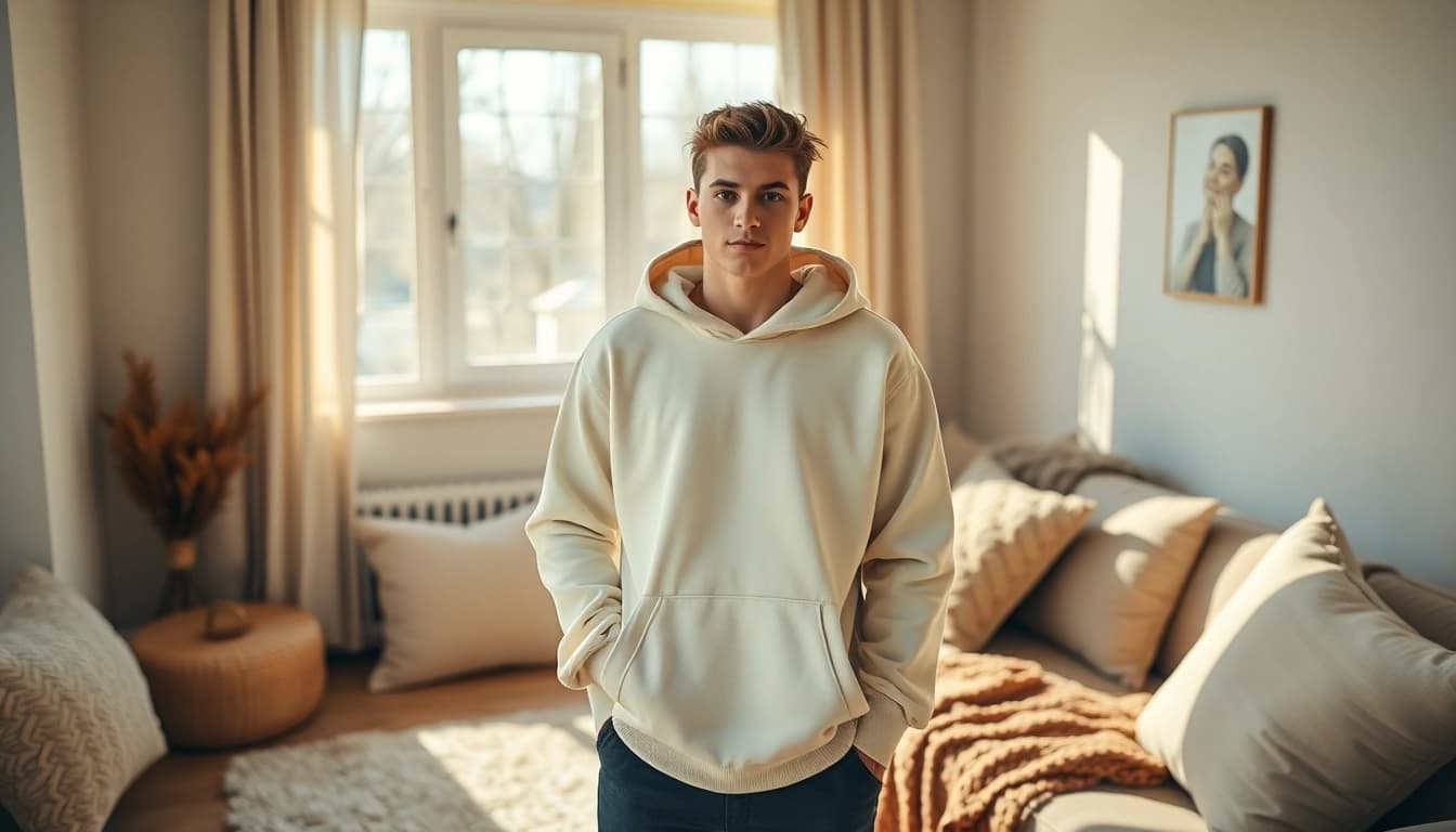 Model showcasing stylish plain hoodies in a cozy room.