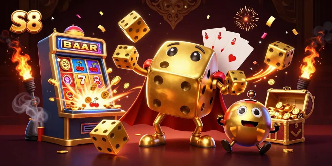 S8 brings exciting casino action featuring golden dice and jackpots in a vibrant 3D illustration.