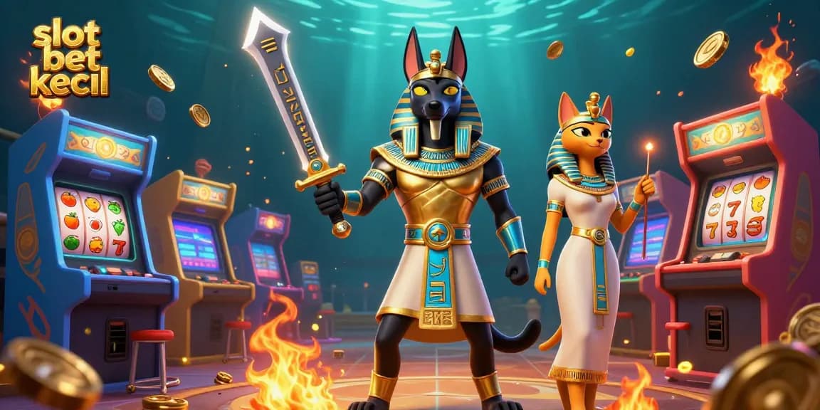 Engage in slot bet kecil with Anubis and Bastet in a dynamic 3D casino scene filled with colorful game elements.