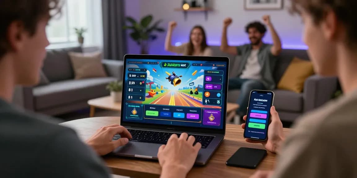 Aviator 1xbet online crash gaming scene with player engaged at laptop, showcasing vibrant interface and instant cashout options.