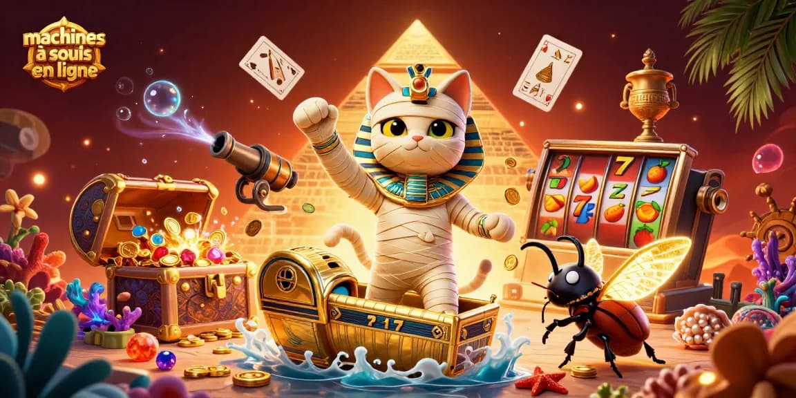 Machines à sous en ligne, illustration captivante de machines et personnages dans un casino égyptien.