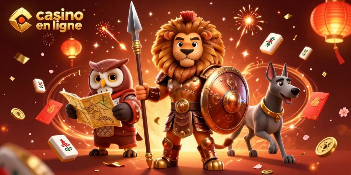 Découvrez les niveaux supérieurs de casino en ligne avec un lion en armure, des éléments de jeu dynamique et des lanternes.
