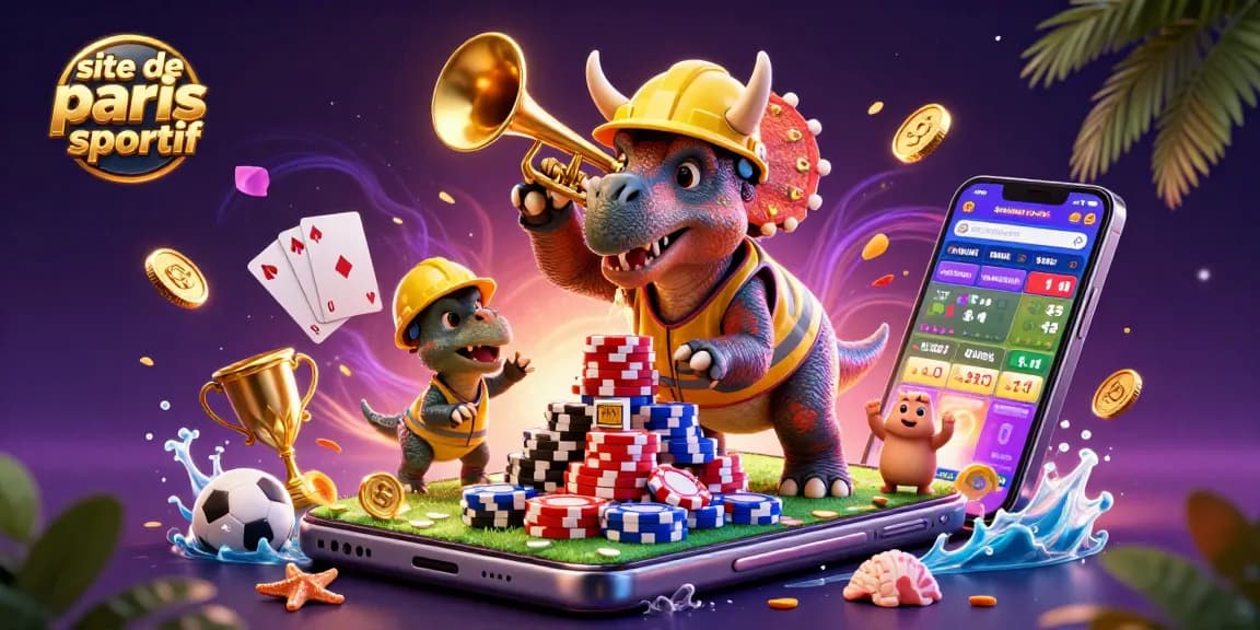 Pariez sur le site de paris sportif avec une scène festive de dinosaure et des éléments de jeu de société.