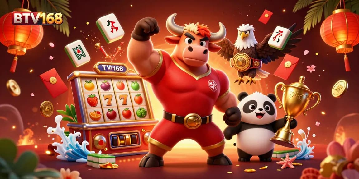 BTV168: Join the victory celebration with an energetic casino-themed illustration featuring a bull, eagle, and panda
