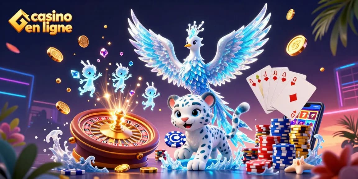 Jouez sur un casino en ligne avec une illustration captivante de personnages de jeux et de jets de lumière.