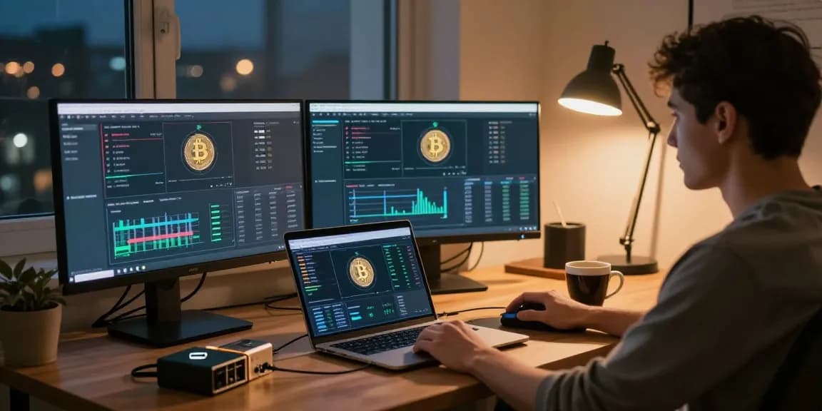 Mining Bitcoin online in a secure home office with multiple screens and crypto tools.