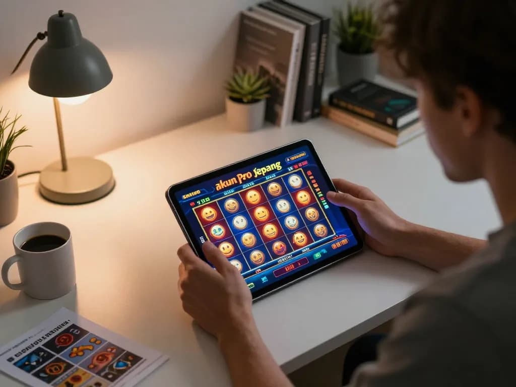 Engaging in akun pro jepang slot gameplay on a tablet in a cozy modern gaming setup.