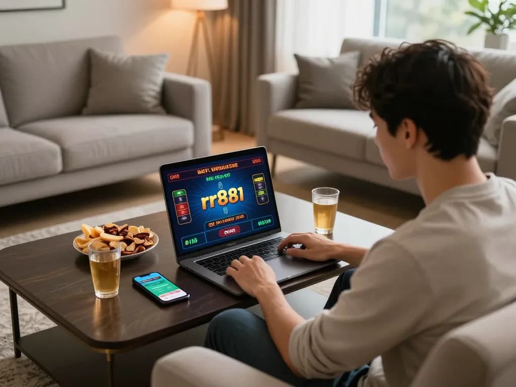 Engaging in online casino gaming via rr88 app on a cozy home setup.