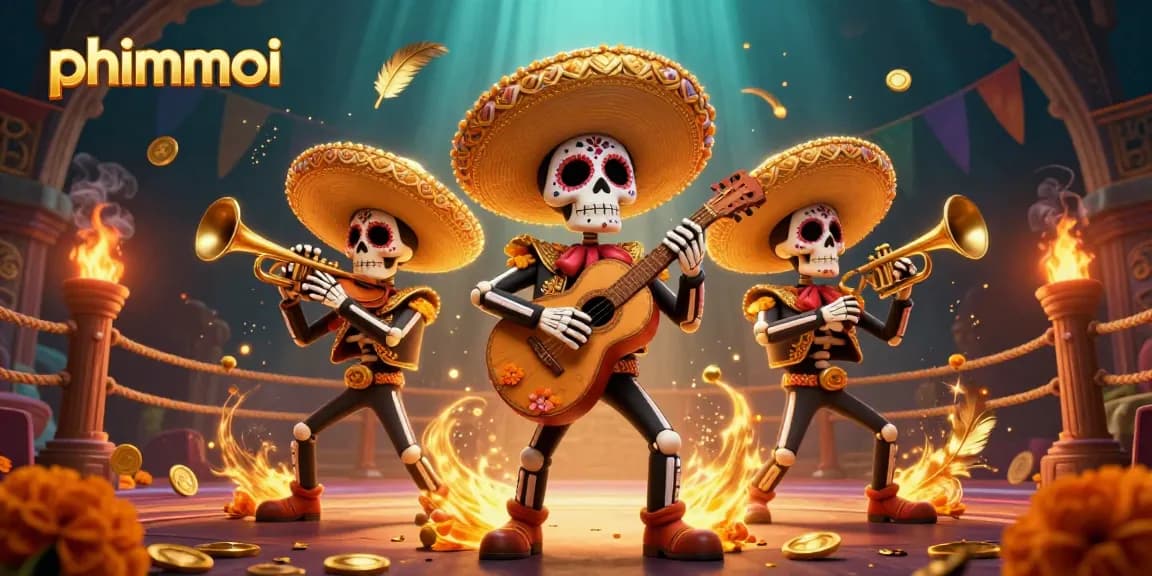 Experience phimmoi excitement in this vibrant casino scene with animated mariachi skeletons.