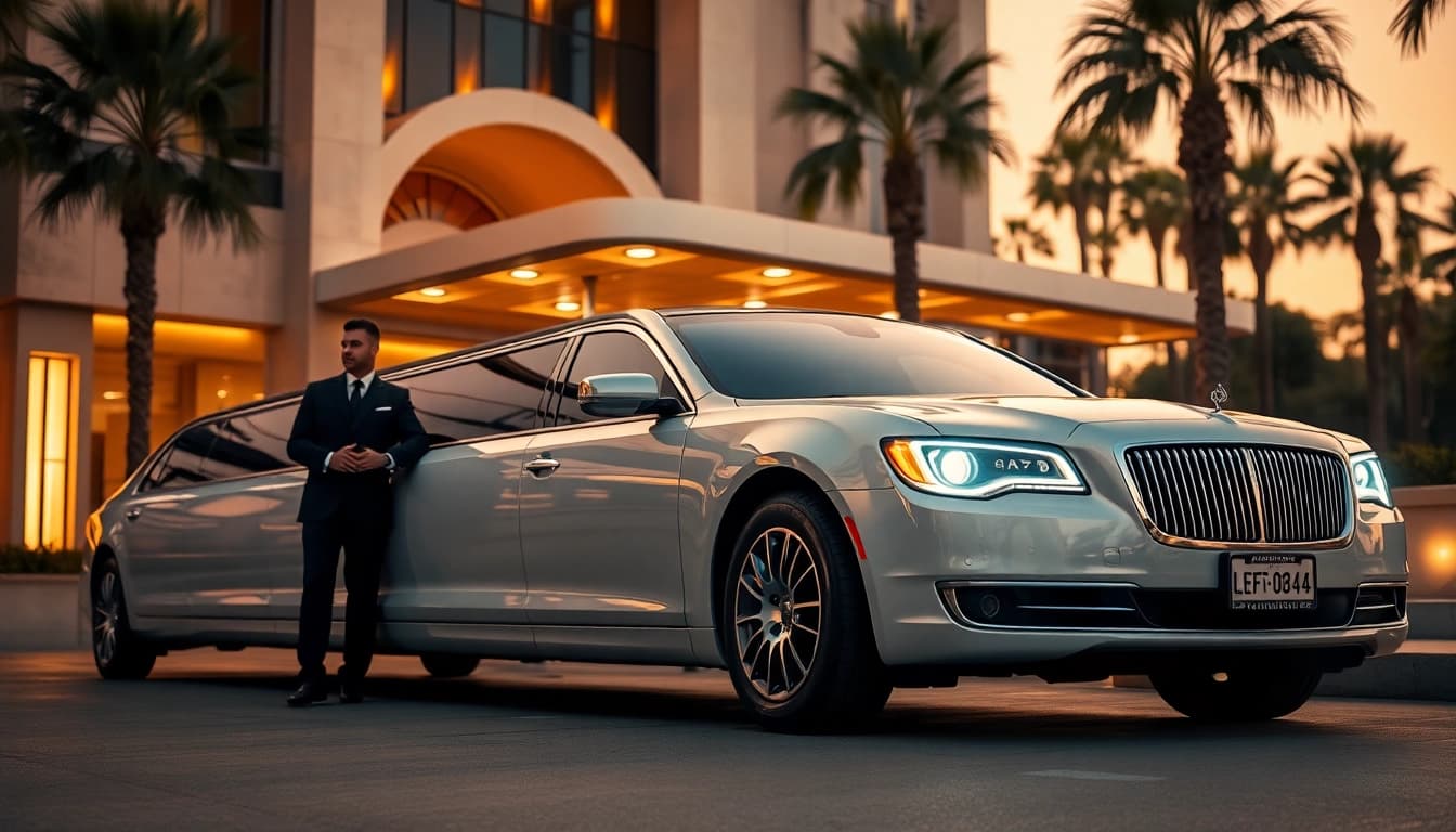Luxury LA Limo service outside an upscale hotel in Los Angeles, highlighting comfort and elegance.
