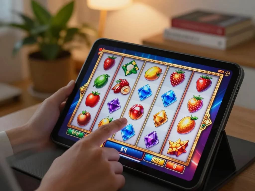 Player engaging with Gori77 slot game on tablet in cozy home setup.