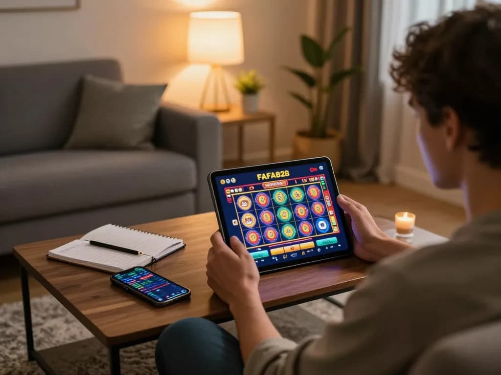 FAFA828 player enjoying online gaming strategy on tablet with warm home ambiance
