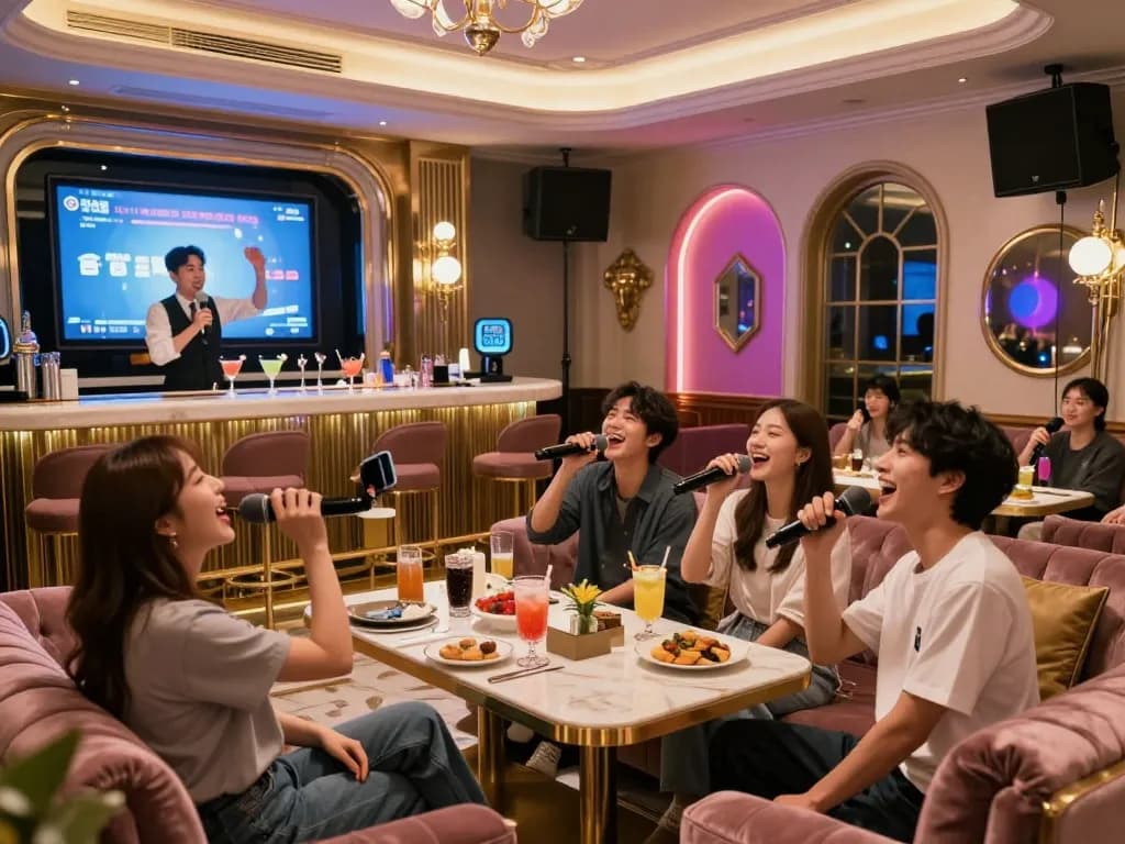 화려한 장식과 고급스러운 분위기가 돋보이는 강남달토 노래방에서 시간을 즐기고 있는 손님들.