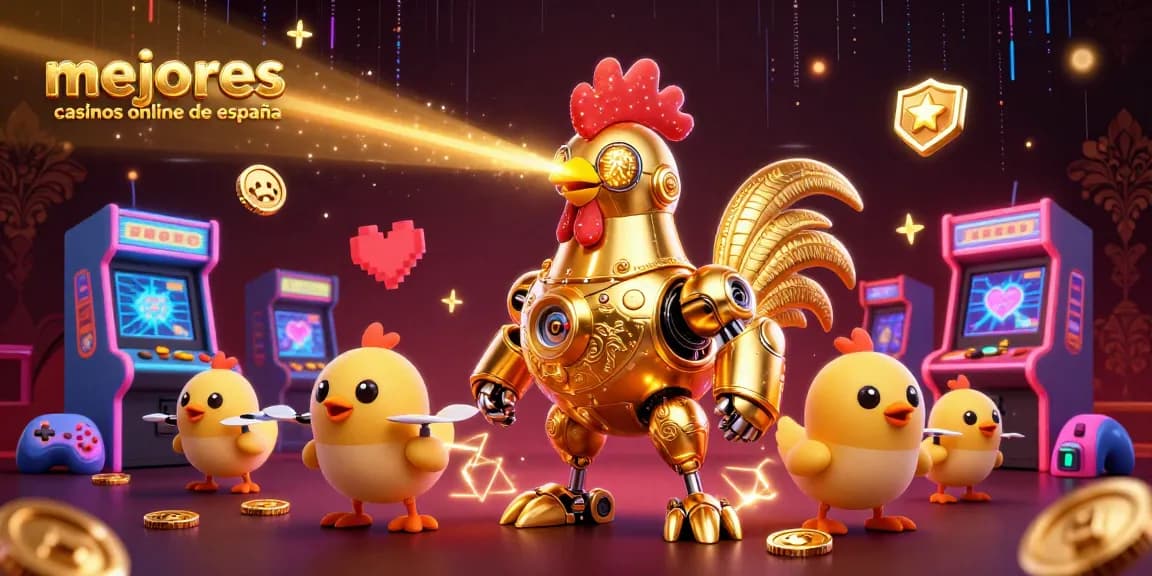 Los mejores casinos online de España presentan ilustraciones dinámicas con un robot gallo dorado y drones