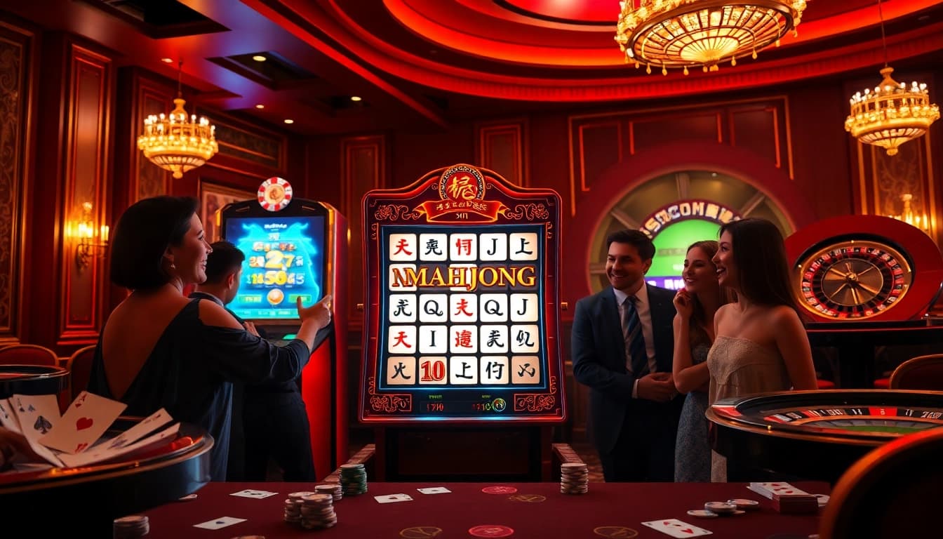 Rasakan sensasi demo mesin slot Mahjong dengan para pemain yang menikmati lingkungan kasino interaktif.