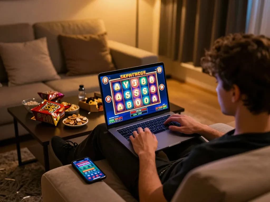 Player engaging on top sites not on Gamstop while enjoying online slot games at home.