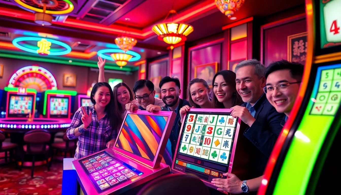 Players enjoying the slot demo mahjong experience at a vibrant casino, showcasing excitement and winning potential.