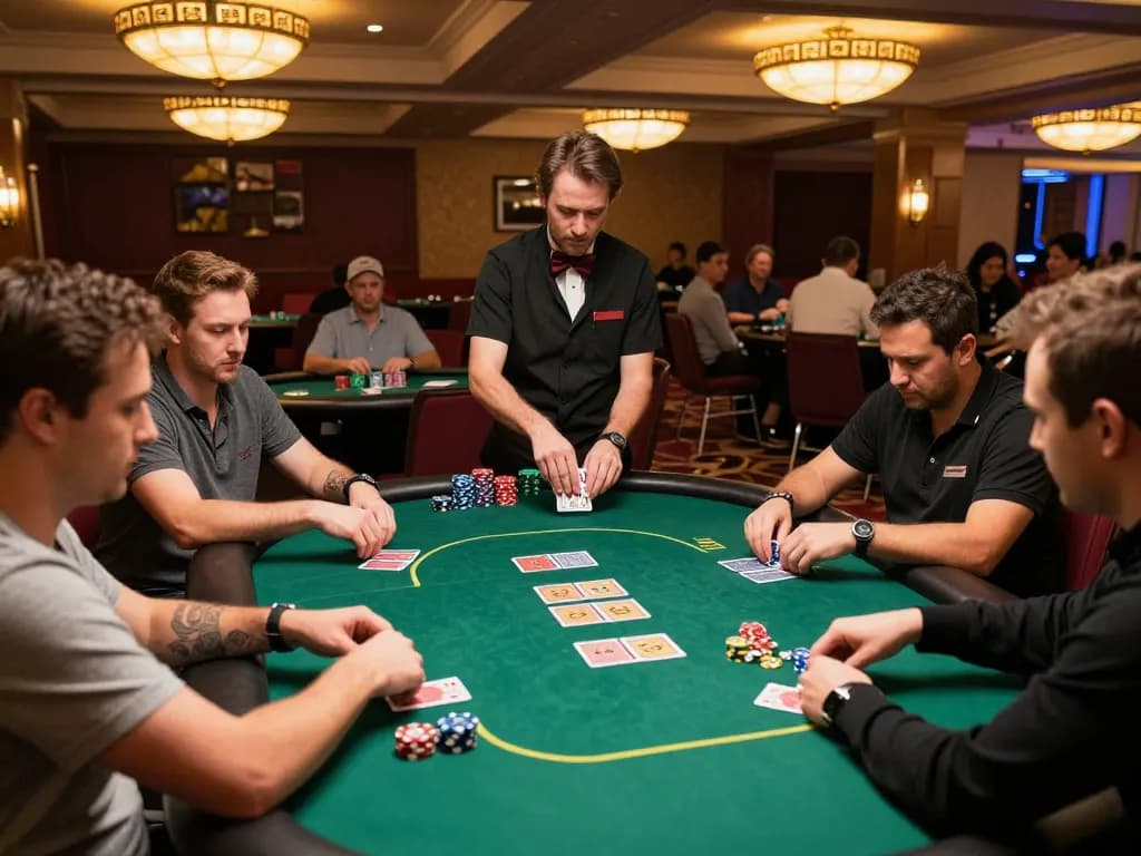 Engaged players at THABET poker table making strategic decisions in an upscale casino environment.