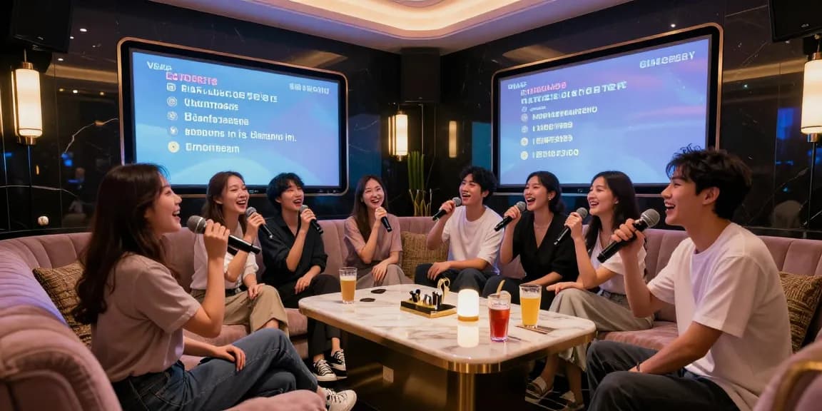 강남가라오케에서 친구들과 함께 노래를 부르는 즐거운 모습과 고급스러운 인테리어의 프라이빗 공간